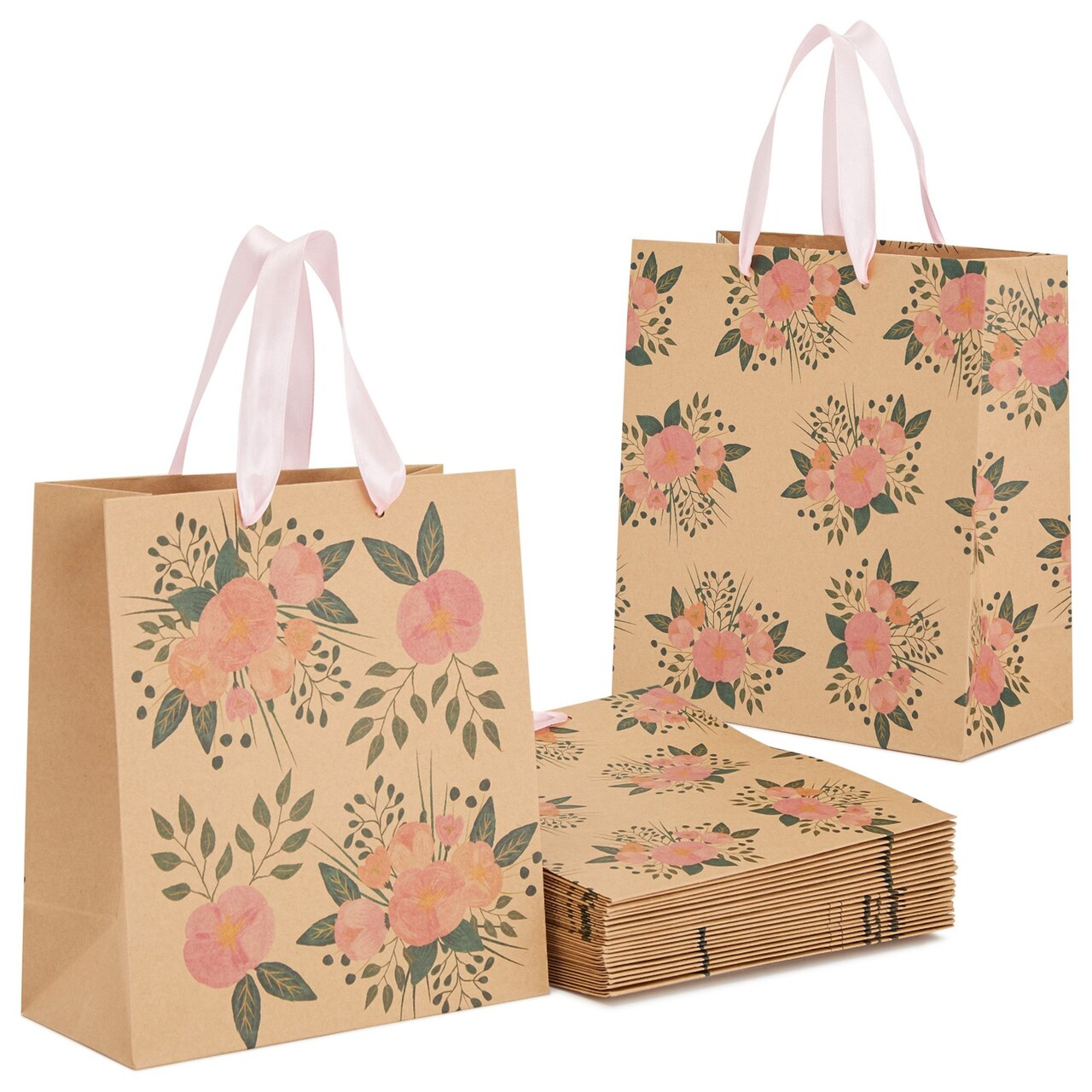 Juvale Floral Gift Bags - Reinforced Bottom & Ribbon Handles - Party Favor Bags - 8 x 4 x 9 in, Pack of 24, Pink